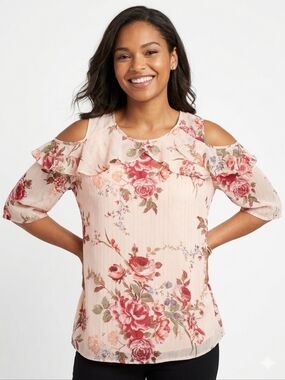 Roz & Ali Pink Floral Cold-Shoulder Ruffle Blouse